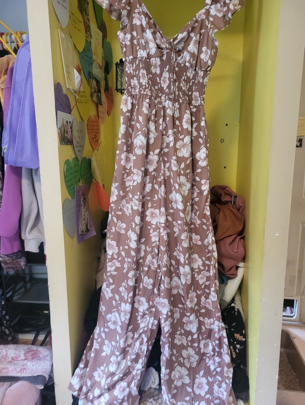 Brown Floral Smocked Jumpsuit with Ruffle Straps